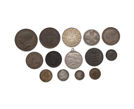 Fourteen (14) UK and world coins, tokens and medals in high grade with some silver, including 1758 George II Shilling, 1851 J