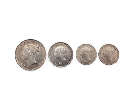 Four (4) 1844 Victoria silver coins, including Shilling, Sixpence, Fourpence and Threepence. Grades: EF: all bright with a li