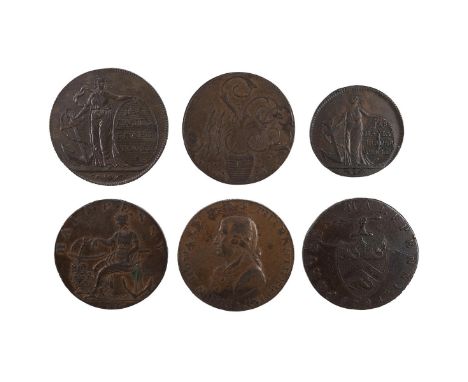 Six (6) Dorset and Hampshire copper Halfpenny and Farthing tokens, including 1795 Poole, Dorset, Hope with anchor and shield,