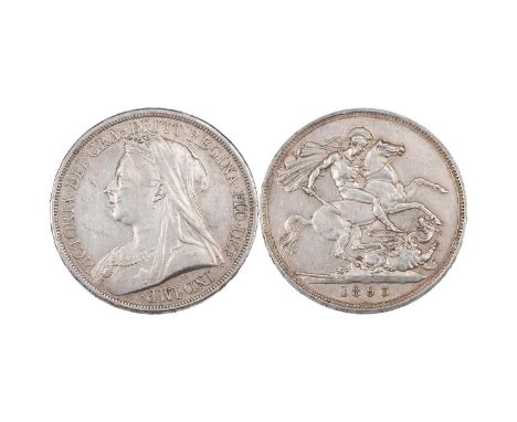 1893 Victoria silver Crown, LVI, dies 1+A (S 3937, ESC 303, Bull 2593). Obverse: Old veiled bust, left, 'VICTORIA · DEI · GRA