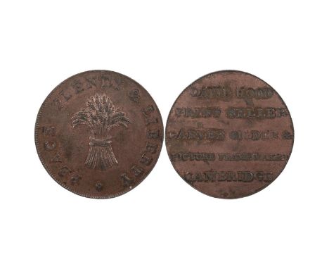 Cambridge, Cambridgeshire copper Halfpenny token, David Hood (DH 19a). Obverse:&nbsp; wheat sheaf, 'PEACE PLENTY &amp; LIBERT