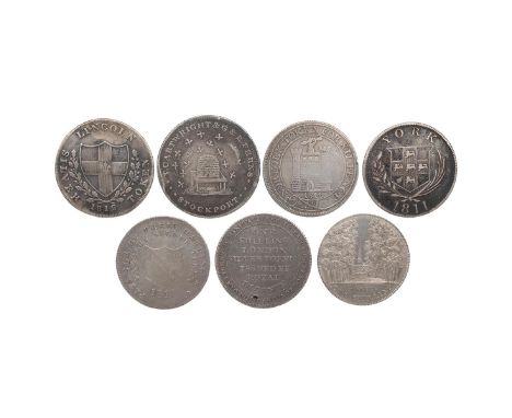 Seven (7) 19th-century silver Shilling tokens, including 1812 Lincoln, Lincolnshire, J Millson &amp; T Preston, with oak bran