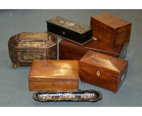 A Chinese export lacquered rectangular shaped caddy with fitted interior, and other various caddies and boxes 