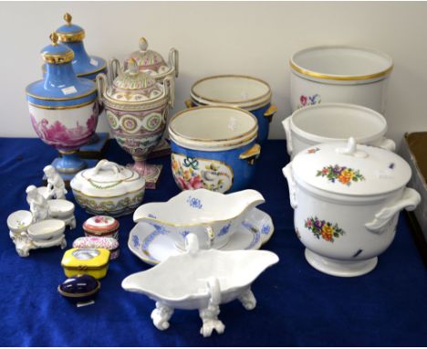 A pair of modern Dresden Sevres-style urns and covers, 27cm high; a pair of Sevres style seaux-a-bouteilles, 16cm high; a mod