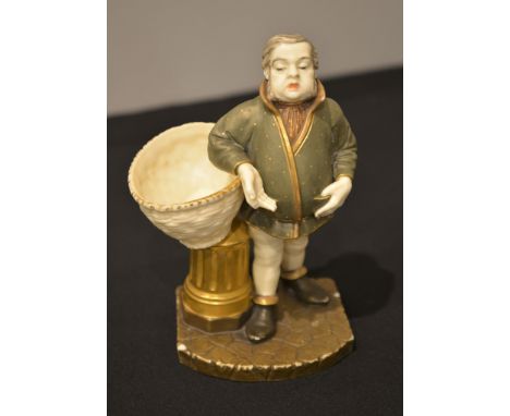 A Royal Worcester sweetmeat dish, date code for 1880, modelled with a theatrical figure beside a basket, puce printed mark, 1