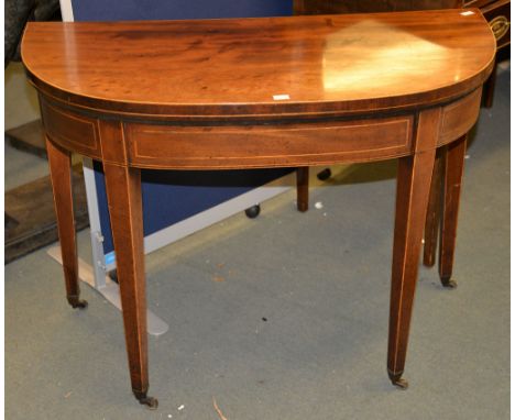 A George III mahogany D-shaped card table, with recent playing surface, 68cm high, 91cm wide 