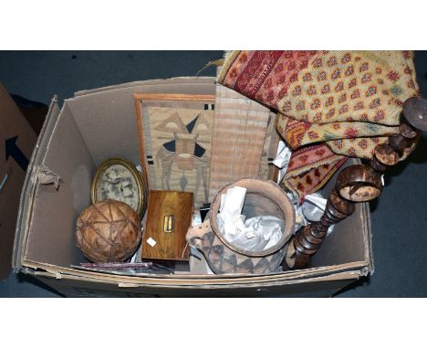 A box containing a stained wood tea caddy, various decorative pictures and prints, a painted wood model of a bird and other c