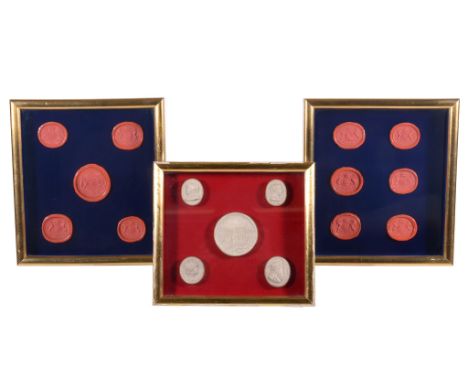 Two groups of five red wax seals, 19th century, later mounted within glazed giltwood frames, the cases 27 x 24.5cm; a group o