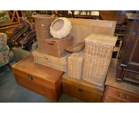 A camphorwood chest, a 19th century painted metal trunk to simulate pine, and an assortment of various wicker baskets and ham