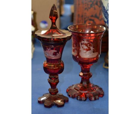 A Bohemian ruby-flashed goblet and cover, circa 1860, engraved with a panel of Mazeppa tied to his horse, 28.5cm high; and an