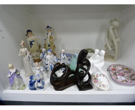 Pair of German pottery figures, Royal Doulton figure group and other figures (one shelf). 