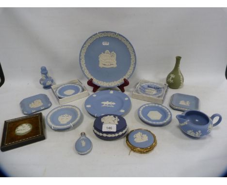 Group of Wedgwood blue Jasper ware to include plates, scent bottle, trinket jars and covers, also a Wedgwood green Jasper war