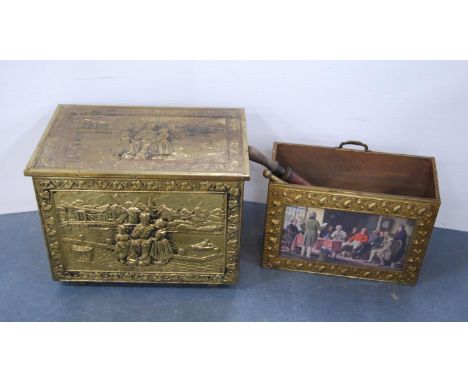 Brass log box containing vintage telephones, accessories and a brass magazine rack, antique water pump and fire irons. 