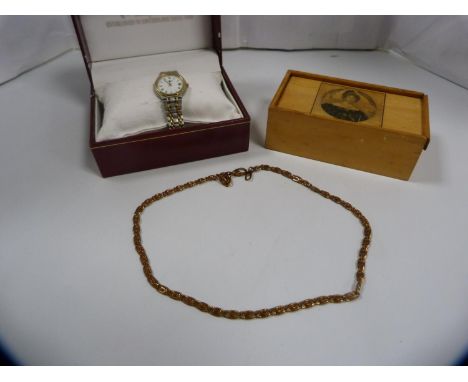 Mauchline-style box, a modern Rotary lady's wristwatch and a costume neck chain. 