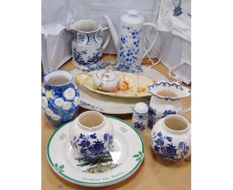 Danish-style Old Chelsea jugs, Mason's for Rington's 'Willow' pattern jug, ginger jars, vase, Spode Christmas plates etc. 