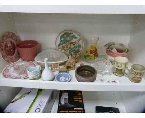 Wedgwood Jasper ware ashtray, four Lilliput Lane cottages, Jersey Pottery cup, glassware etc (one shelf). 