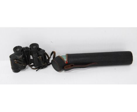 Pair of J Lizars vintage field binoculars and a Philo telescopic sight, in cylindrical case. 