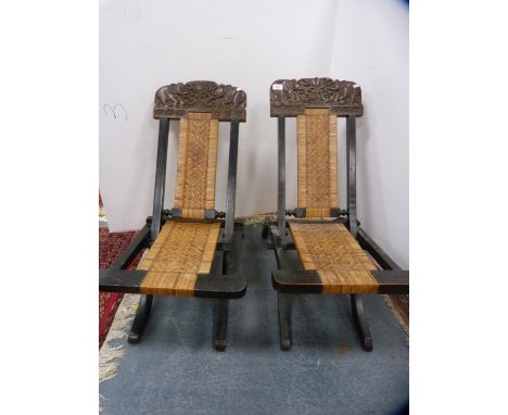 Pair of African-style rattan and hardwood folding pavilion chairs. 