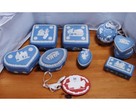 Collection of Wedgwood Jasper ware to include mainly blue trinket boxes and Christmas decorations.&nbsp; (10) 