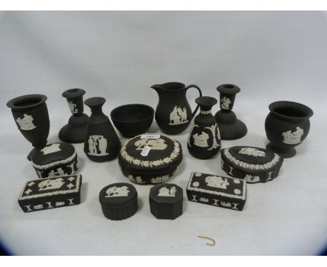 Collection of Wedgwood Black Basalt items to include trinket boxes, spill vases, jug etc.&nbsp; (15) 