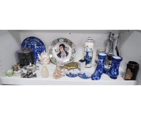 Royal Doulton Burns commemorative plate, brass trivet, Delft ornaments, companion set, Ironstone reproduction vases modelled 