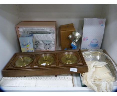 Clock and barometer set, EP galleried tray, tea for one set etc (one shelf). 