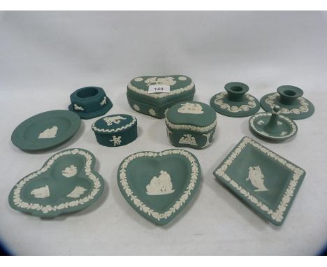 Collection of Wedgwood turquoise Jasper ware to include pin dishes of assorted shapes, trinket boxes, pair of candlesticks et