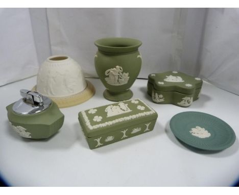 Group of Wedgwood green Jasper ware to include spill vase, lighter, shaped trinket box and cover, another trinket box, pin di