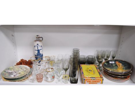 Royal Worcester, Danbury Mint and other collector's plates, collection of shot glasses, Delft-style decanter etc (one shelf).