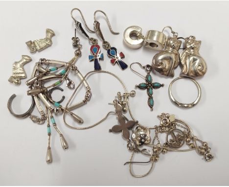 Group of 925 silver to include Mexican-style turquoise-coloured earrings, pendants, enamel earrings, Pharaoh pendant, Egyptia