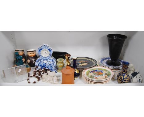 Delft-style mantel clock, assorted collector's and commemorative plates, ornaments, pair of Wade jugs modelled as monks, Carl