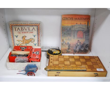 Painted model soldiers, marbles, boxwood measuring rule, draughts set, cassette recorder, Tabula&nbsp;Roman game etc (one she