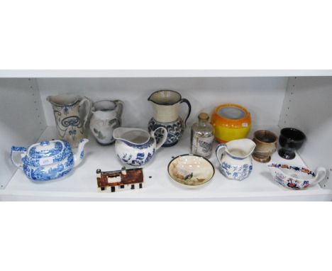 Spode 'Italian' pattern teapot, Shelley biscuit barrel (lacking cover), Mason's Ironstone sauce boat, 'Willow' pattern jug an