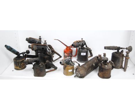 Assorted metal blow torches etc (one shelf). 