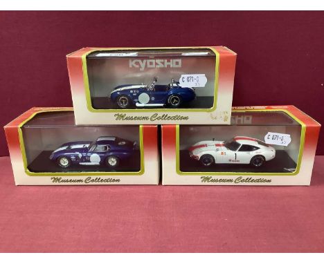 Three 1:43 Scale 'Museum Collection' Diecast Model Cars by Kyosho: #03012A Cobra 427S/C Racing (Blue), #03032F Toyota 2000GT 