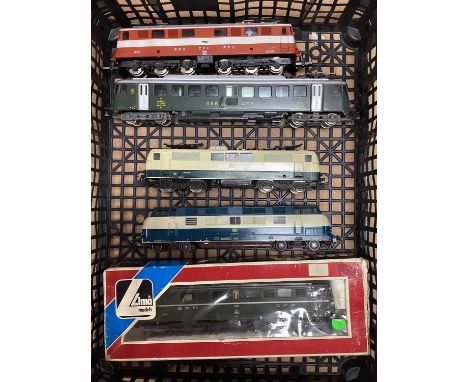 Five HO Scale Continental Outline Diesel and Electric Locomotives, by Lima and others, Swiss noted, all playworn. Untested.