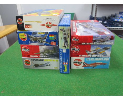 Eight 1:72nd Scale Plastic Model Military Aircraft Kits by Airfix, Revell including Airfix #A02058 De Havilland Vampire T.11,