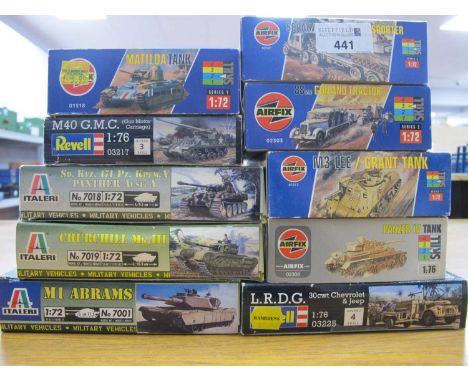 Ten Predominantly 1:72nd Scale Plastic Model Military Armoured Vehicle and Tank Kits including Airfix 1:76 #02308 Panzer IV T