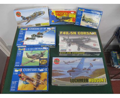 Eight Predominantly 1:72nd Scale Plastic Model Military Aircraft Kits by Revell, Airfix, Lindberg to include Airfix #05034 Lo