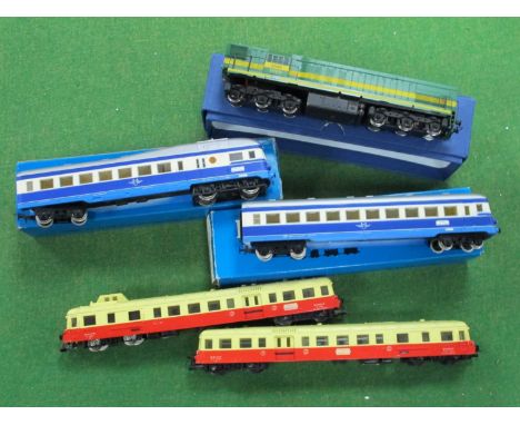 Three 'HO' Gauge Continental Outline Locomotives, comprising a Kleinbahn Ref No 5045 Class VT Bo-Bo two car D.M.U blue/grey O