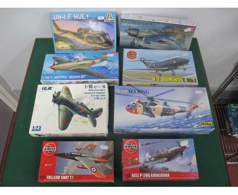 Eight 1:72nd Scale Plastic Model Military Aircraft and Helicopter Kits by Italeri, Airfix, Academy, Heller and other includin
