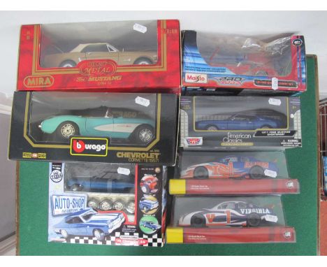 Seven 1:18 &amp; 1:24 Scale Diecast Model Cars by Burago, Maisto, Mira, Motor Max and other including 1:18 Mira Ford Mustang 