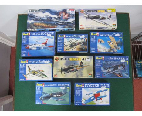 Ten Predominantly 1:72nd Scale Plastic Model Military Aircraft Kits by Revell, Airfix, Academy including Airfix #02042 Hawker