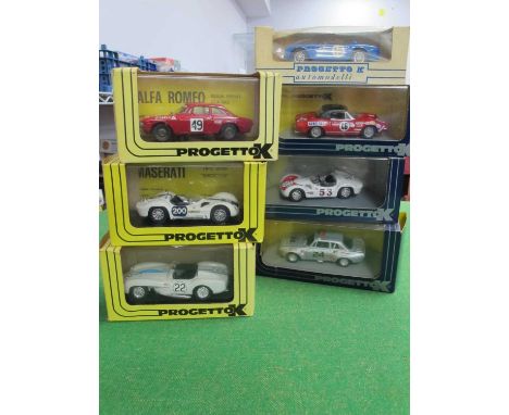 Seven 1:43 Scale Diecast Model Sports and Rally Cars by Progetto K, to include Alfa Romeo Giulia GTAM 2000, Fiat Dino Spyder,