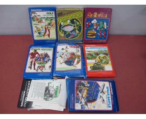 Seven Mattel Electronics Intellivision Video Game System Games, all boxed, to include Frogger (with manual), Burger Time (wit