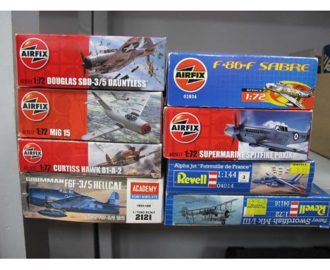 Eight 1:72nd Scale Plastic Model Military Aircraft Kits by Airfix, Revell, Academy, including Airfix #A02017 Supermarine Spif