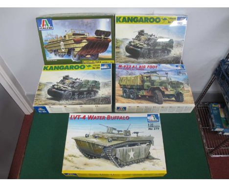 Five 1:35th Scale Plastic Model Armoured / Amphibious Military Vehicle Kits by Italeri including #279 M-923 A1 Big Foot, boxe