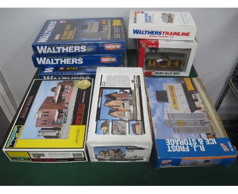 Eight 'HO' Gauge U.S.A Outline Boxed Trackside/Layout Building Kits, comprising A.D.P.M Gold Ref No 401 "Drywell Inks" storag