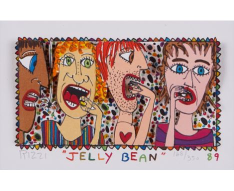 James Rizzi (American, 1950-2011). Serigraph on paper 3D collage titled "Jellybean," depicting a group of people enjoying jel