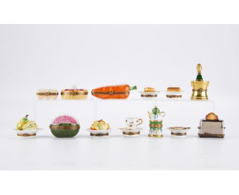 Limoges, France. Group of thirteen hand painted porcelain pill boxes in the shape of food including: one coffee cup; one cham